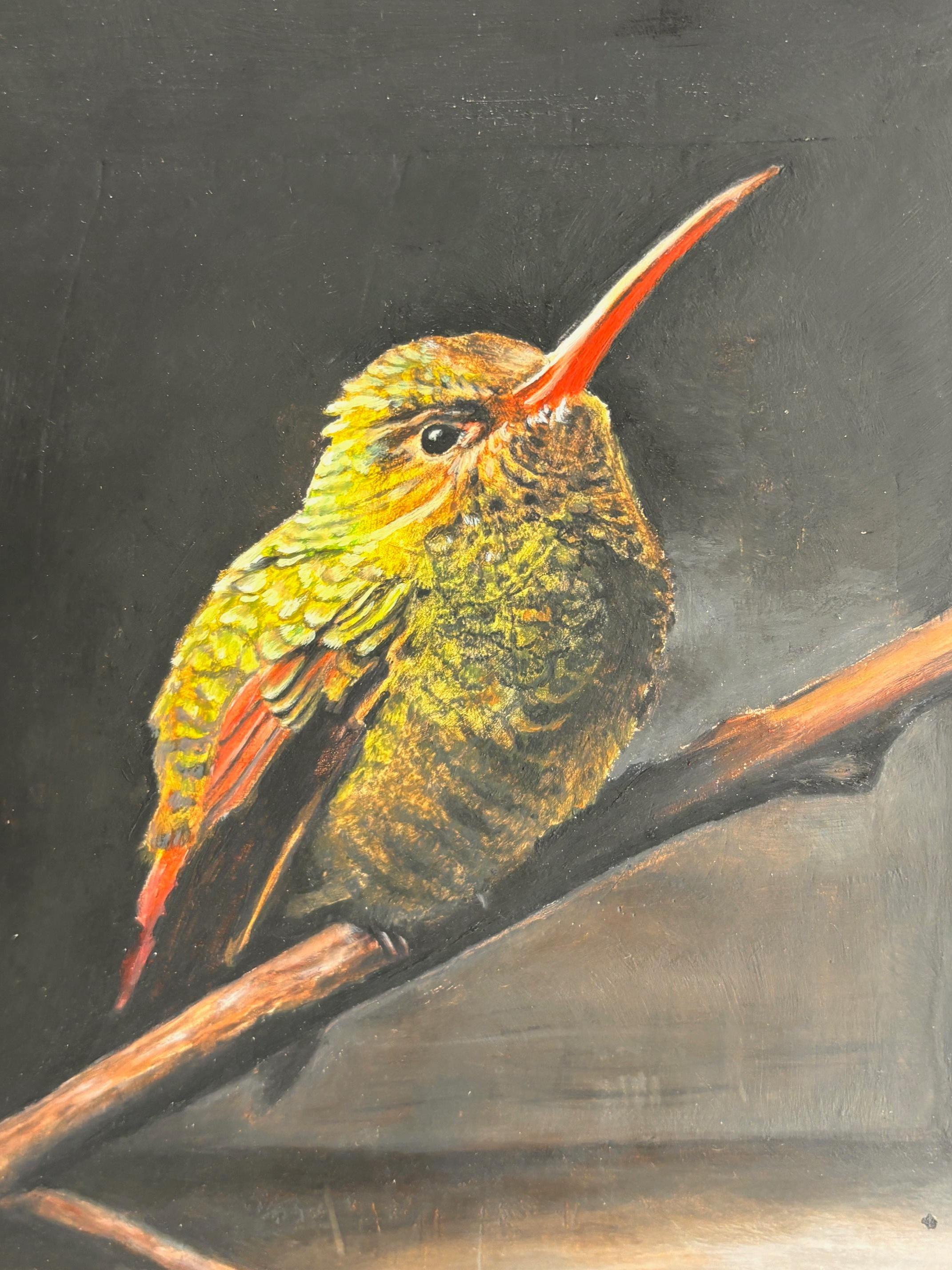 Grüner Singvogel in einer Schachtel- original realistisches Ölgemälde- zeitgenössische Kunst aus der Tierwelt (Braun), Animal Painting, von Lucinda Holland