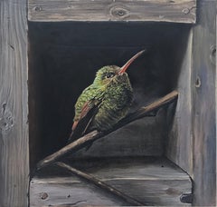 Grüner Singvogel in einer Schachtel- original realistisches Ölgemälde- zeitgenössische Kunst aus der Tierwelt
