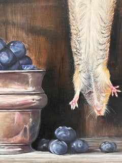 Souris à la recherche d'un papillon - peinture à l'huile réaliste originale - art animalier contemporain