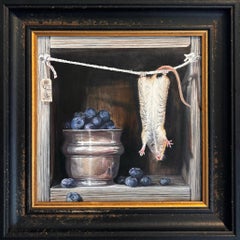 Souris à la recherche d'un papillon - peinture à l'huile réaliste originale - art animalier contemporain