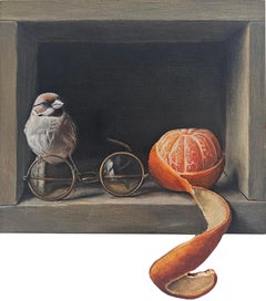 Sperling & Mandarine - original realistisches Ölgemälde-zeitgenössische Kunst der Tierwelt