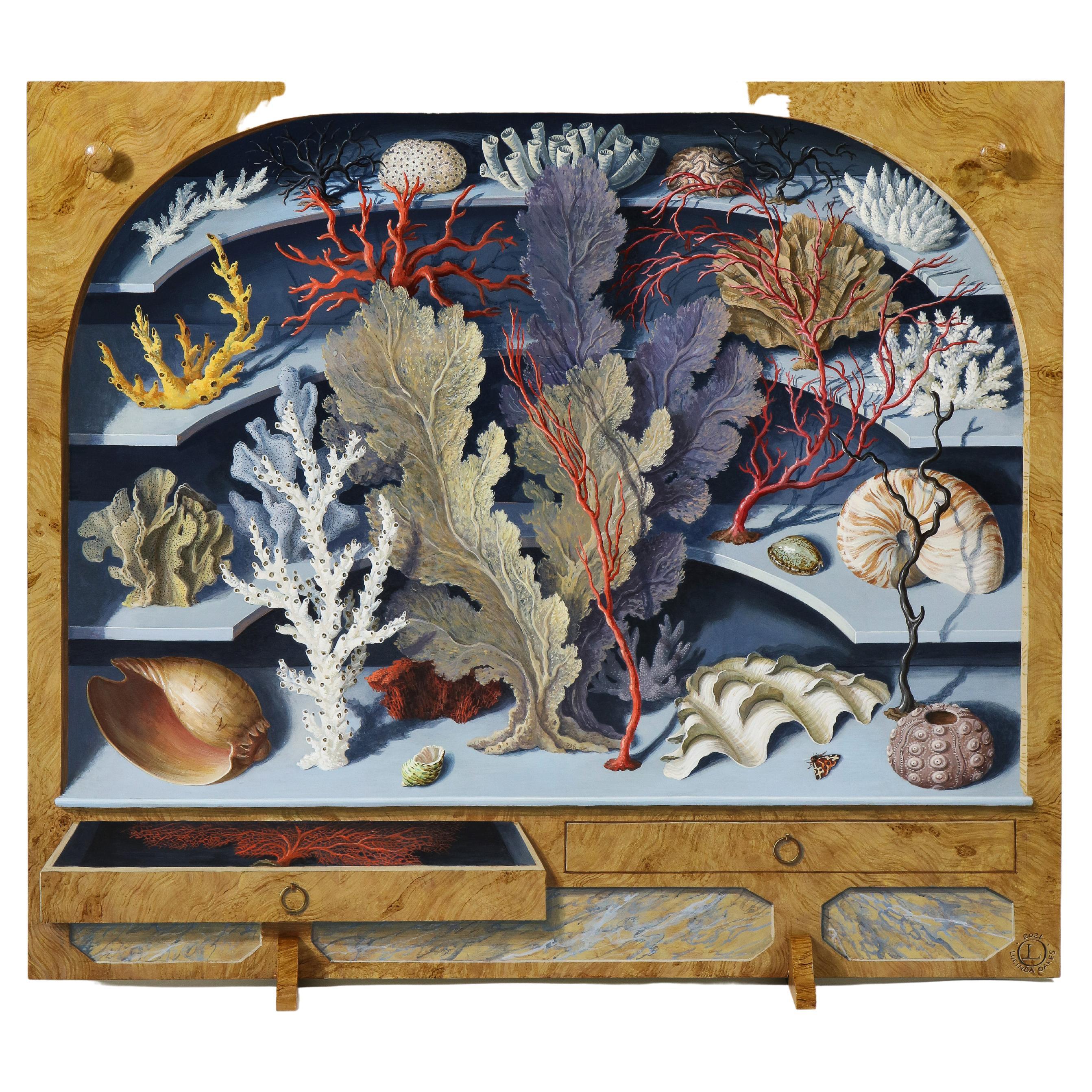 Oil on board
Exquisitely painted with trompe l'oeil decoration of a wunderkammer filled with shells and coral specimens; with knobs and on removable feet.
Designed to be placed in front of a chimney during the summer months when not in use, a
