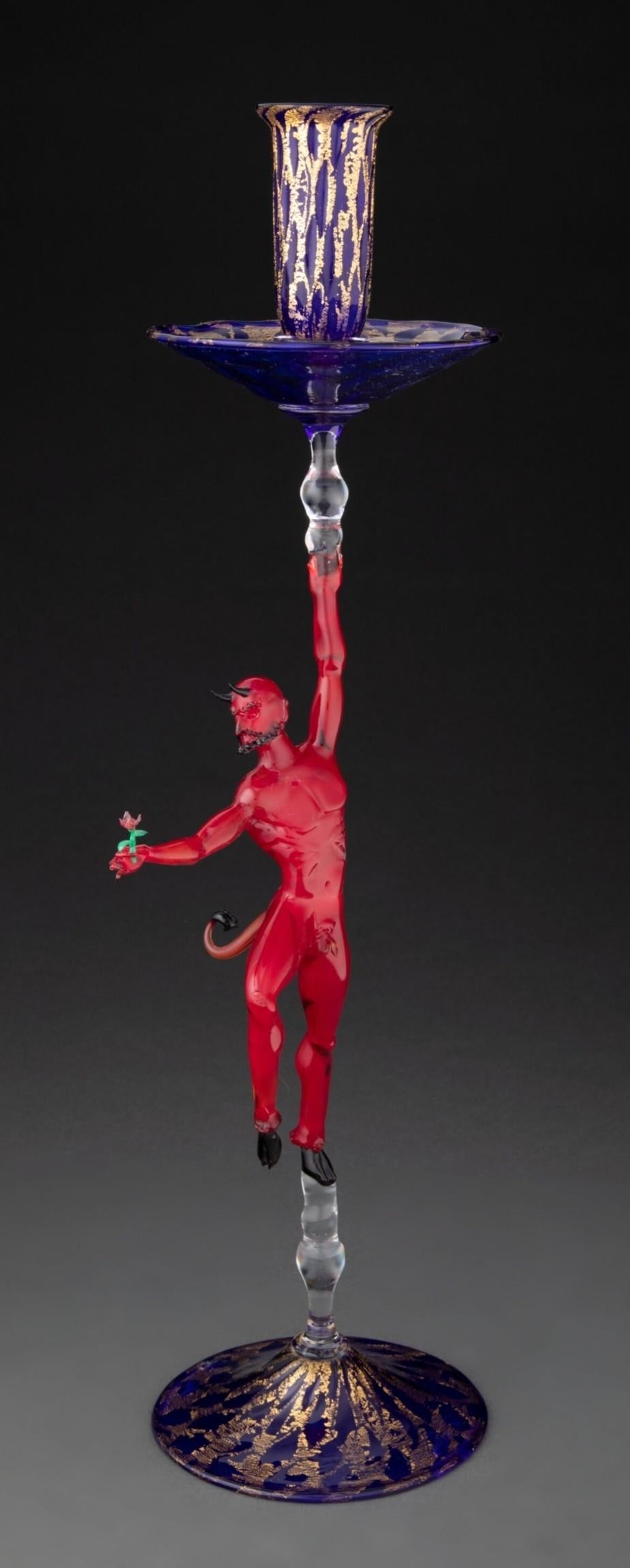 Fait main Bougeoir en sculpture en verre d'art de Murano avec diable signé Lucio Bubacco  en vente