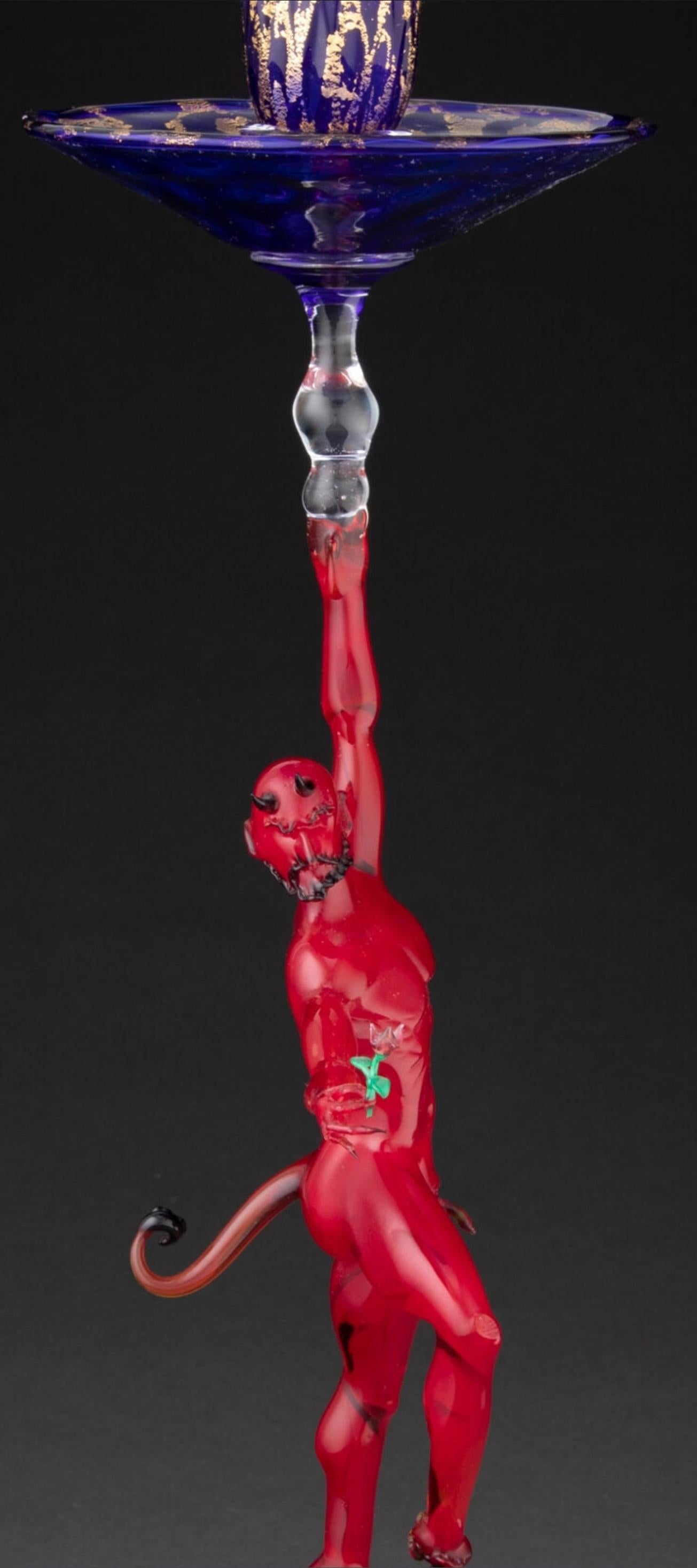 Italian Lucio Bubacco Signed Devil with Rose Murano Art Glass Sculpture Candlestick  For Sale
