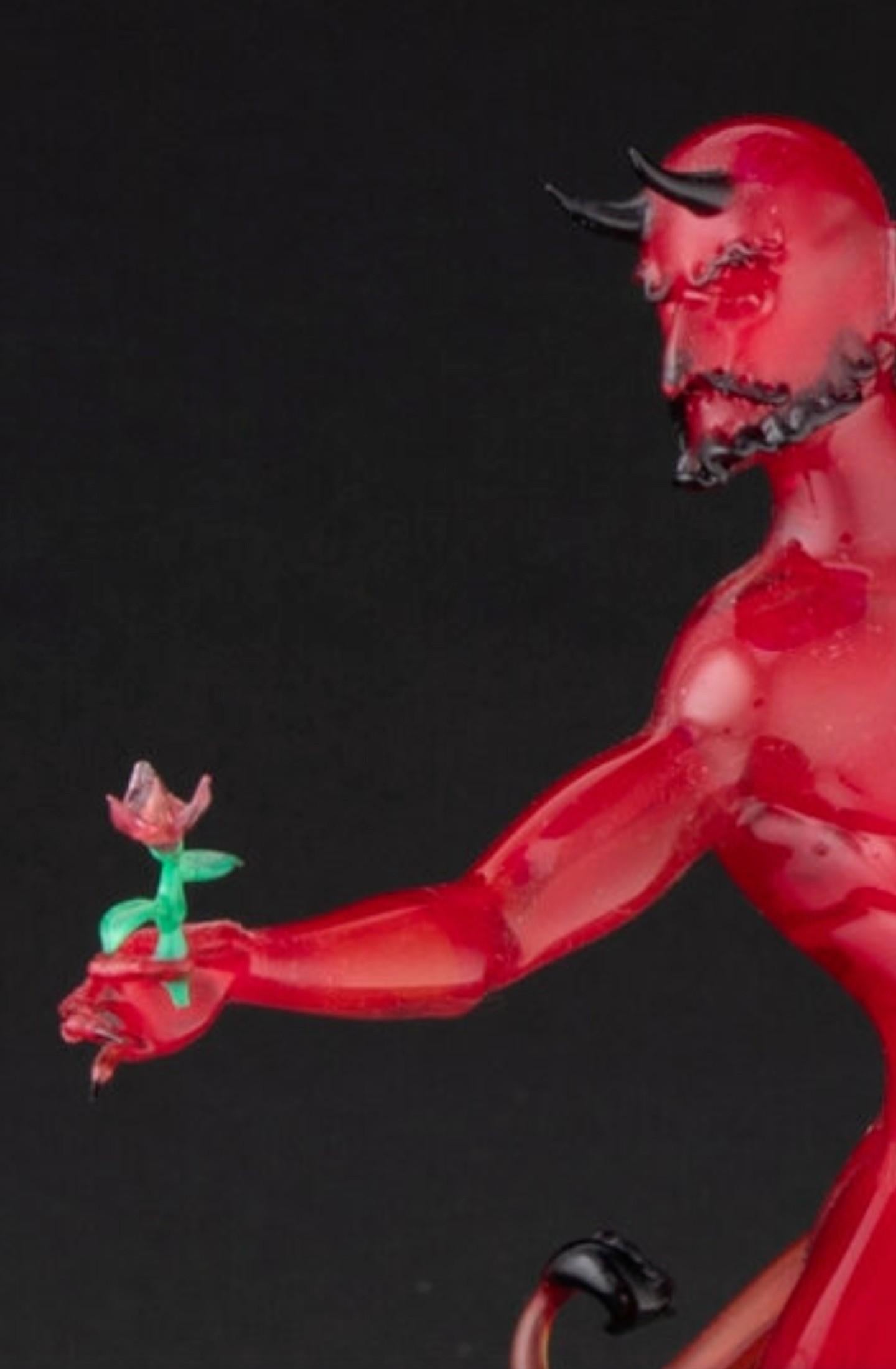Lucio Bubacco Signed Devil with Rose Murano Art Glass Sculpture Candlestick  In Good Condition For Sale In Forney, TX