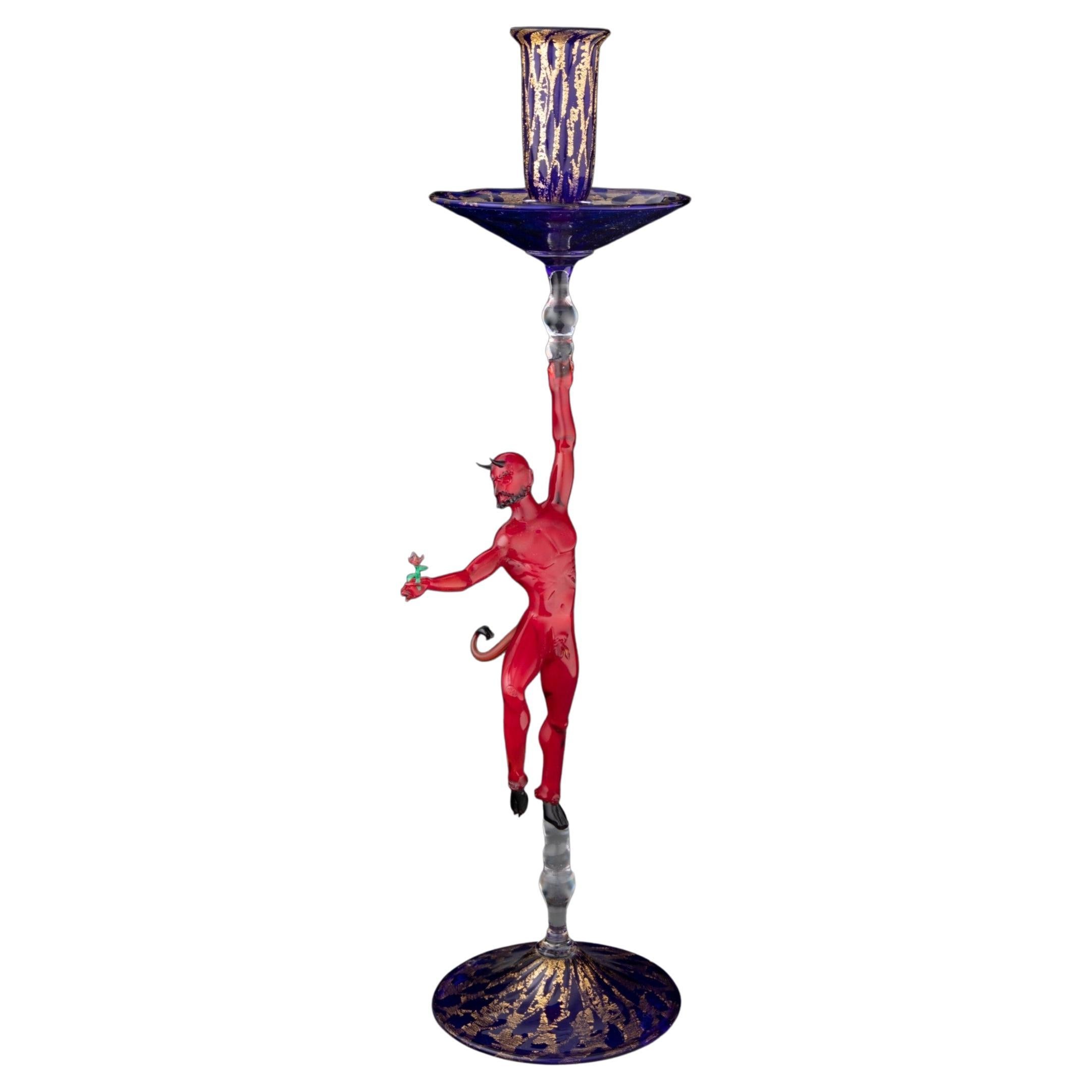 Lucio Bubacco Signed Devil with Rose Murano Art Glass Sculpture Candlestick  For Sale