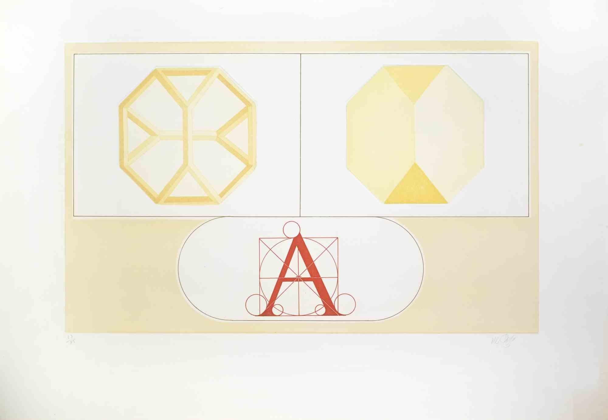 Composition ist eine Lithographie und Prägung auf Papier von Lucio del Pezzo.

Es gehört zu der Reihe "Dekalog".

Auflage von 23/75.

Das Kunstwerk stellt eine geometrische Komposition durch die perfekte Anwendung der gelblichen Vielfalt,
