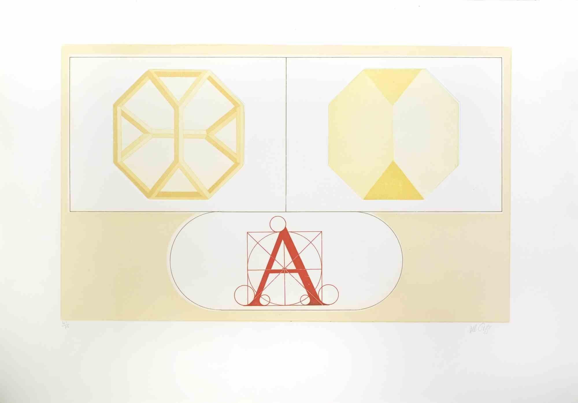 Composition ist eine Lithographie und Prägung auf Papier von Lucio del Pezzo.

Es gehört zu der Reihe "Dekalog".

Auflage von 28/75.

Das Kunstwerk stellt eine geometrische Komposition durch die perfekte Anwendung der gelblichen Vielfalt,