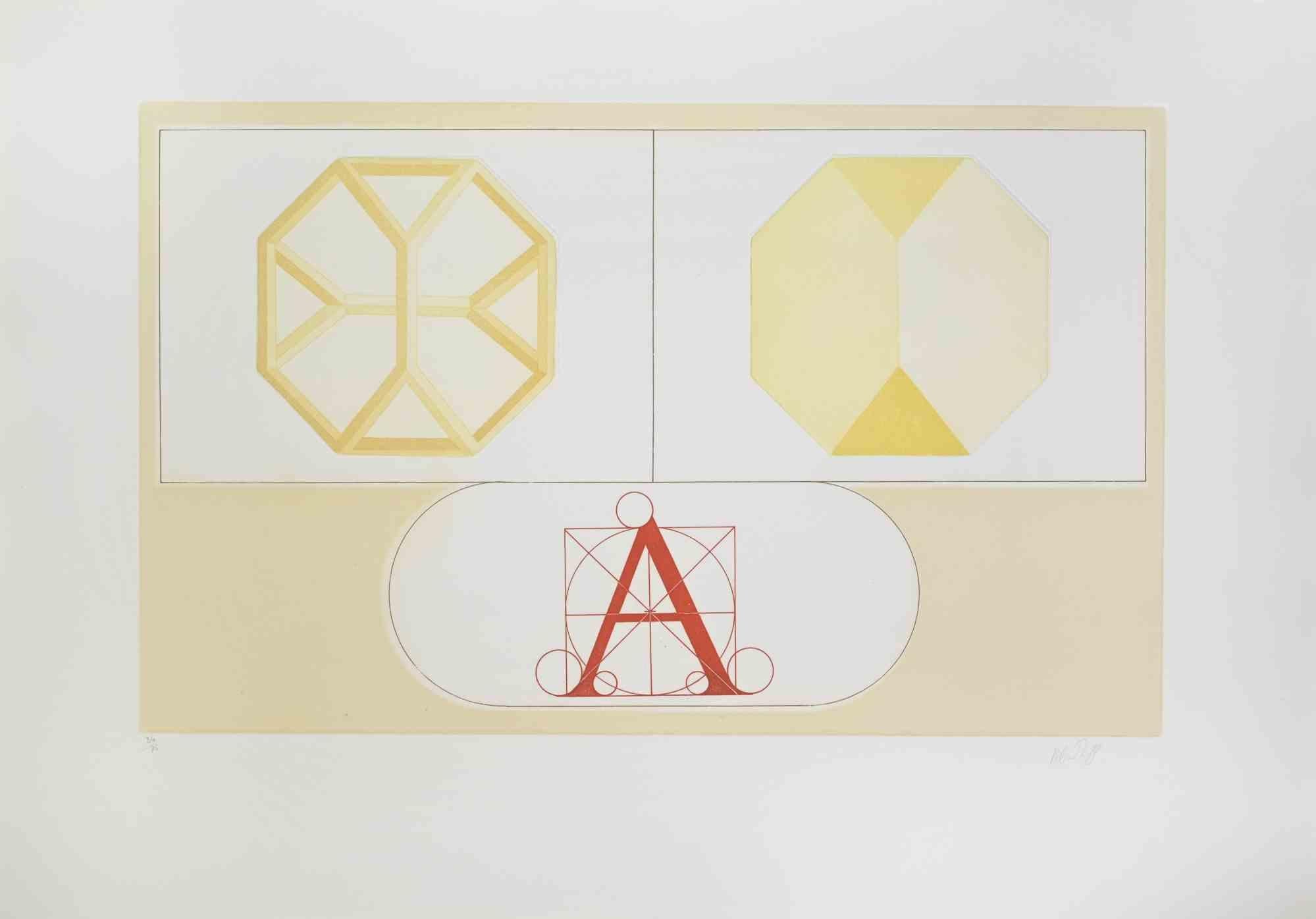Composition ist eine Lithographie und Prägung auf Papier von Lucio del Pezzo.

Es gehört zu der Reihe "Dekalog".

Auflage von 34/75.

Das Kunstwerk stellt eine geometrische Komposition durch die perfekte Anwendung der gelblichen Vielfalt,