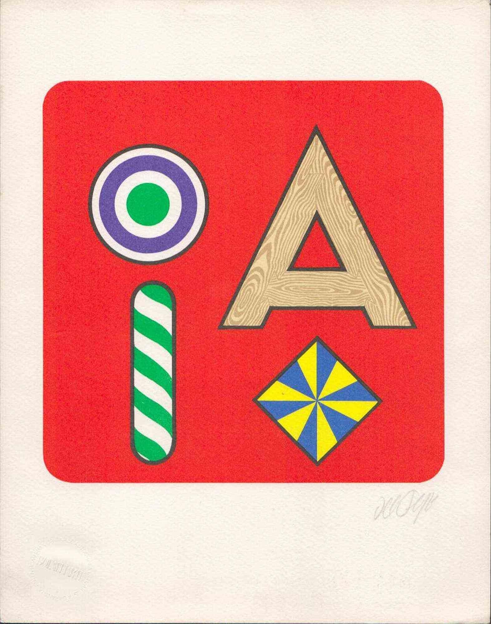 Lucio Del Pezzo (1933-2020)

Letter A, 1971
Photolithograph, 30 x 24 cm
From the series The Alphabet of Bolaffi. Edition 3,433 / 5000, signed in pencil by the artist. Printed on the paper with BolaffiArte embossed stamp.
Excellent condition. With