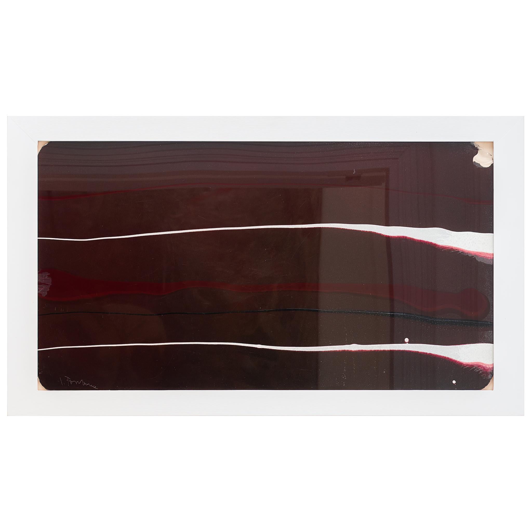 Lucio Fontana. 
Concetto Spaziale 1956

Oil and mixed media on glass.
withe, black  and and red stripes on colored glass
Measures: 58 X 108 cm (72 cm x 122 with frame).
signed L. Fontana

Sold with certification by Archivo Fontana, archived by