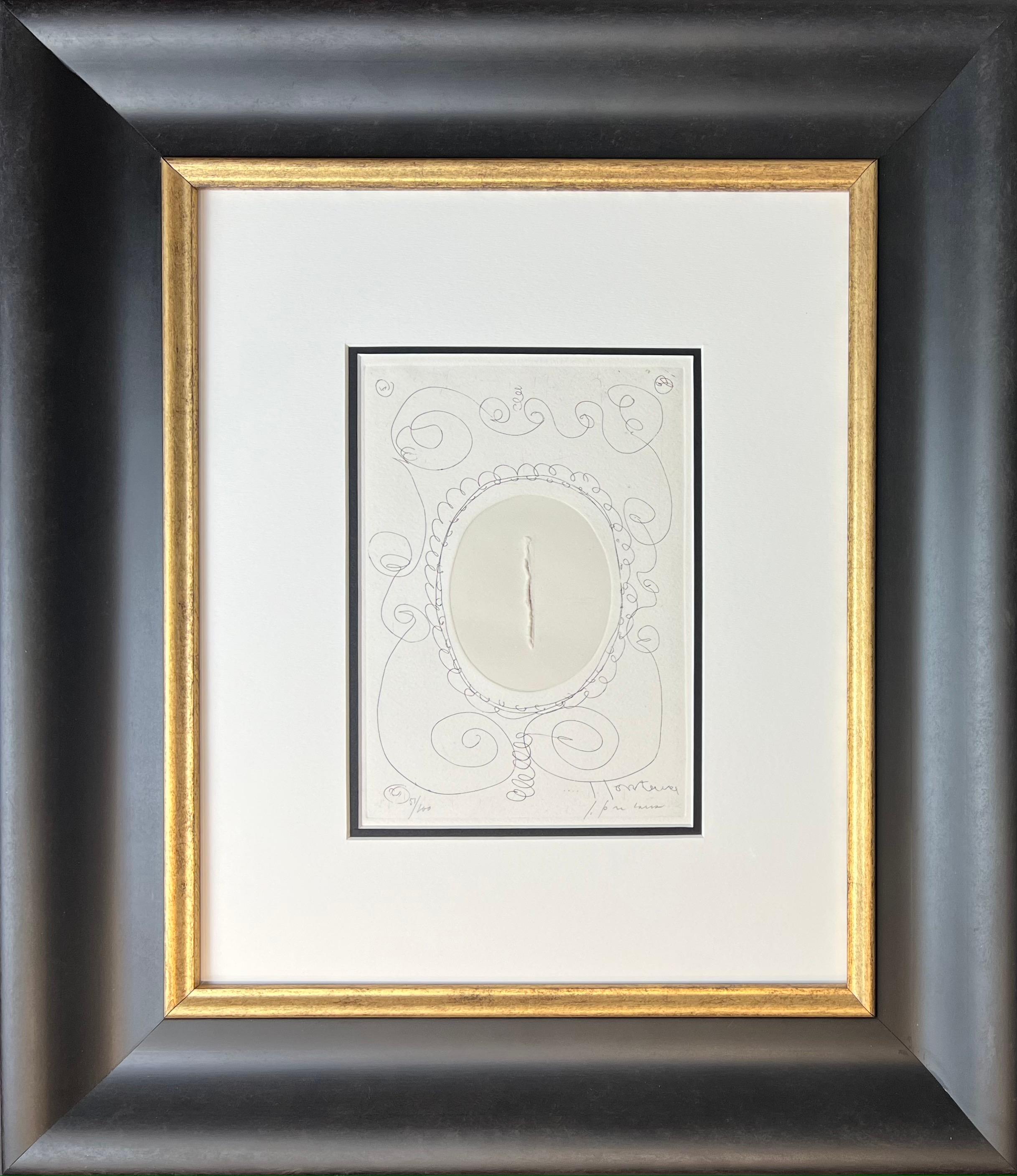Etching and Aquatint on paper
with cut executed by Lucio Fontana , edited in 1966
Limited Edition of 100 copies
signed in pencil by artist in lower right corner and numbered 51/100 in lower left corner
Paper size: 23 x 16 cm
framed size: 52,5 x 46