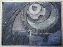 Relieve Abstracto Moderno Espiral Azul Madera Expresividad Quemada Lucio Muñoz
