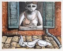 Birdwatcher, gouache surrealista su carta di Lucio Ranucci