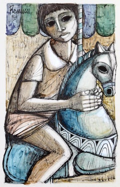 Boy on Carousel, Watercolor by Lucio Ranucci