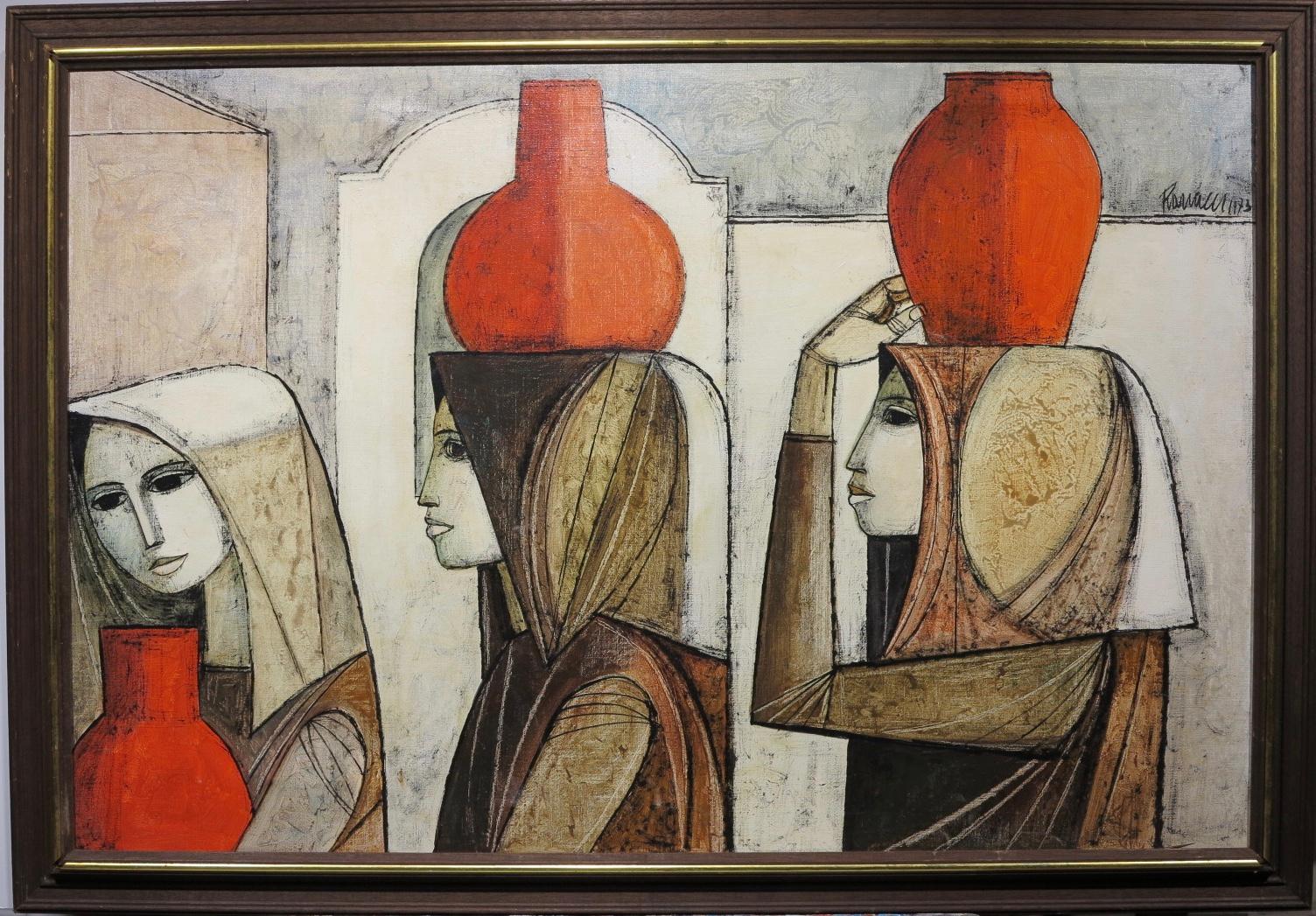 Abstraktes kubistisches Gemälde mit drei Figuren (Italienische bäuerliche Frauen) – Painting von Lucio Ranucci