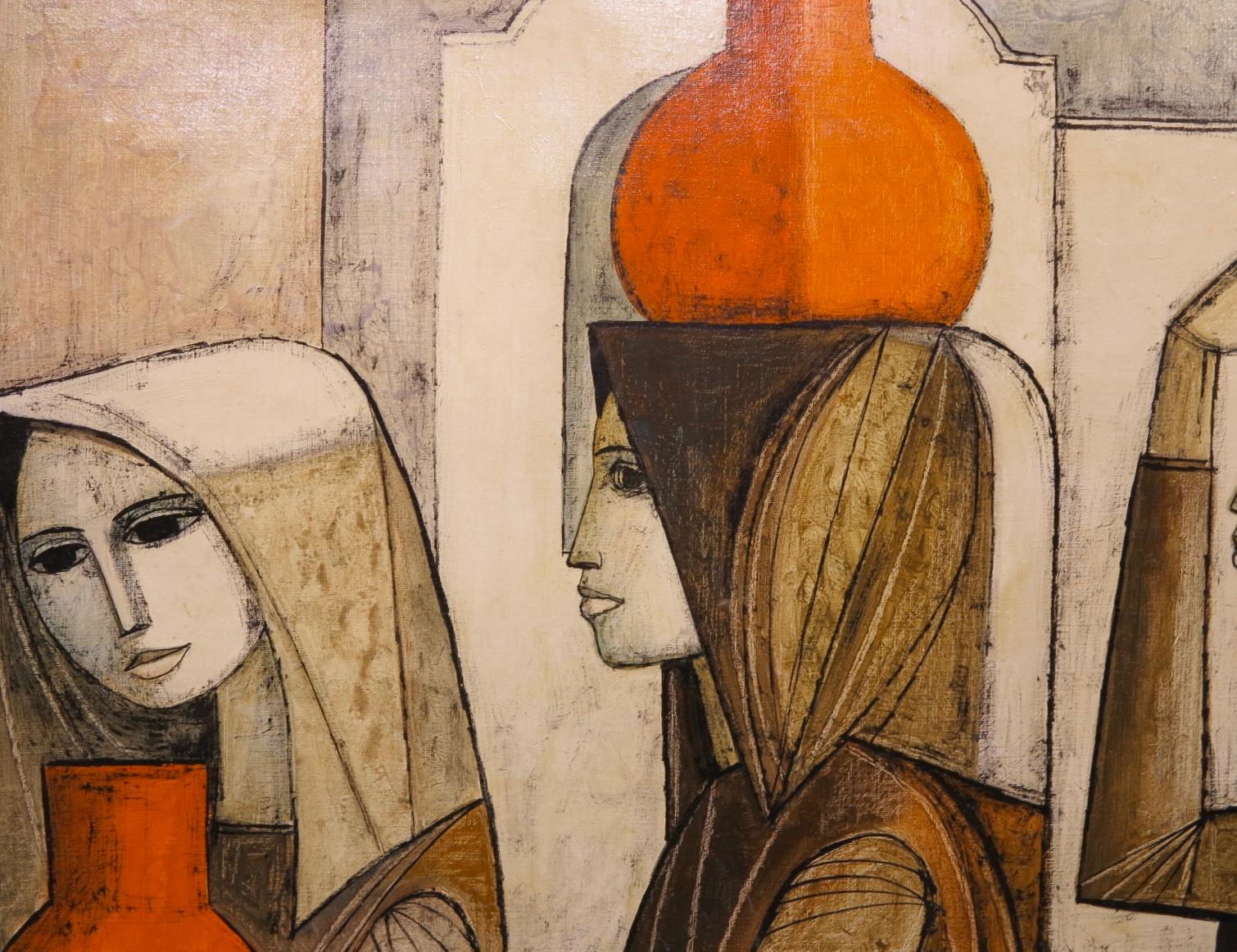 Abstraktes kubistisches Gemälde mit drei Figuren (Italienische bäuerliche Frauen) (Braun), Figurative Painting, von Lucio Ranucci