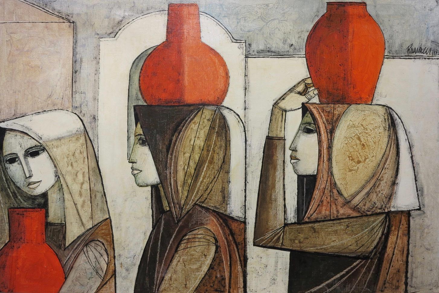 Lucio Ranucci Figurative Painting – Abstraktes kubistisches Gemälde mit drei Figuren (Italienische bäuerliche Frauen)