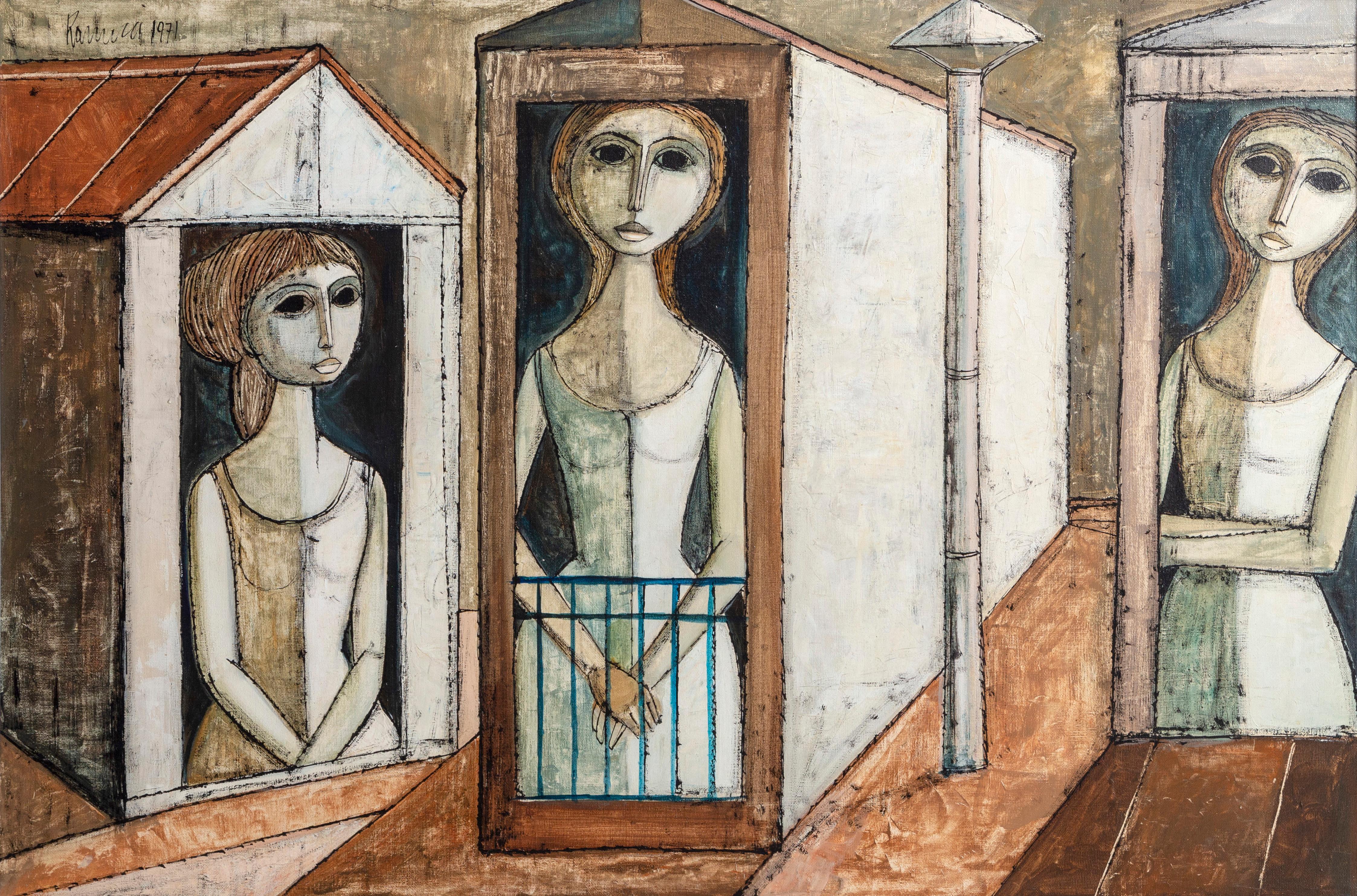 Trois femmes, peinture à l'huile de Lucio Ranucci, 1971