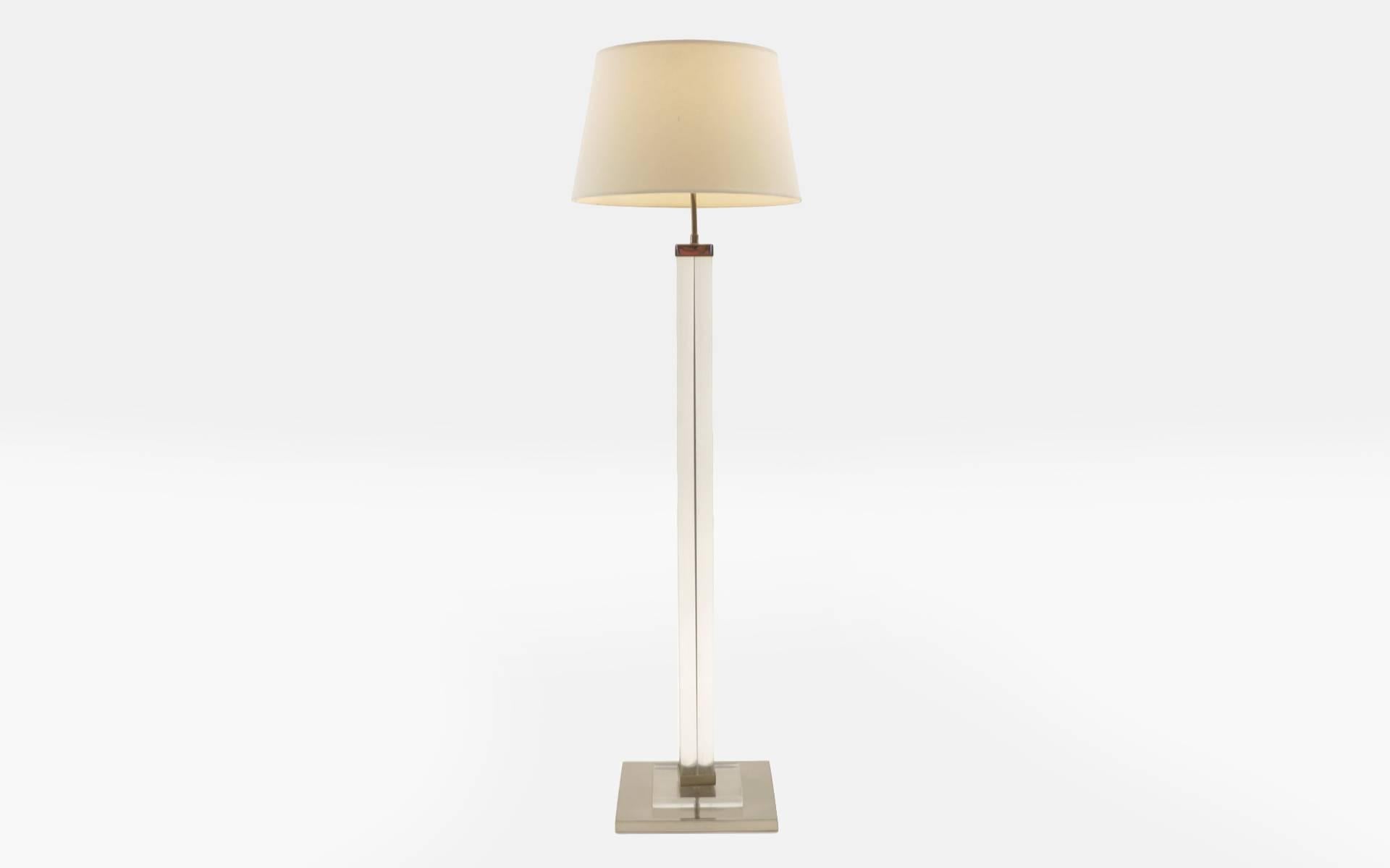 Original Charles Hollis Jones Lucite floor lamp.   Lamp base is 14 inches square.  Lamp shade at the widest is 19.5 inches