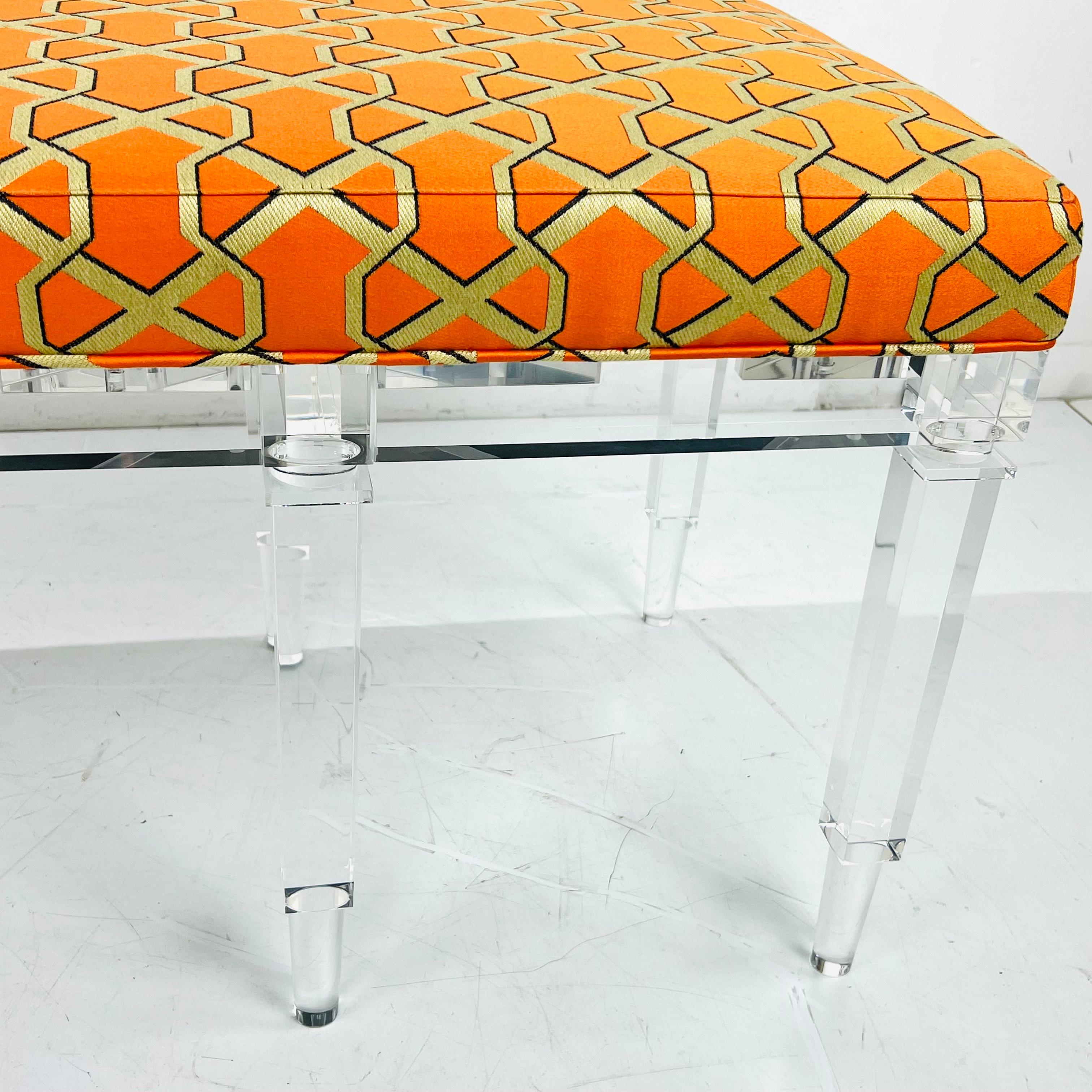 Lucite 8 Leg Bench Upholstered in Silk Jacquard Lelievre Fabric For Sale 4