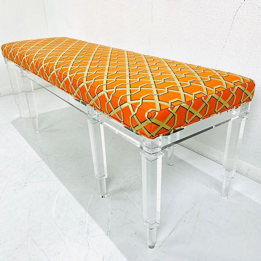Hollywood Regency Lucite 8 Leg Bench Upholstered in Silk Jacquard Lelievre Fabric For Sale