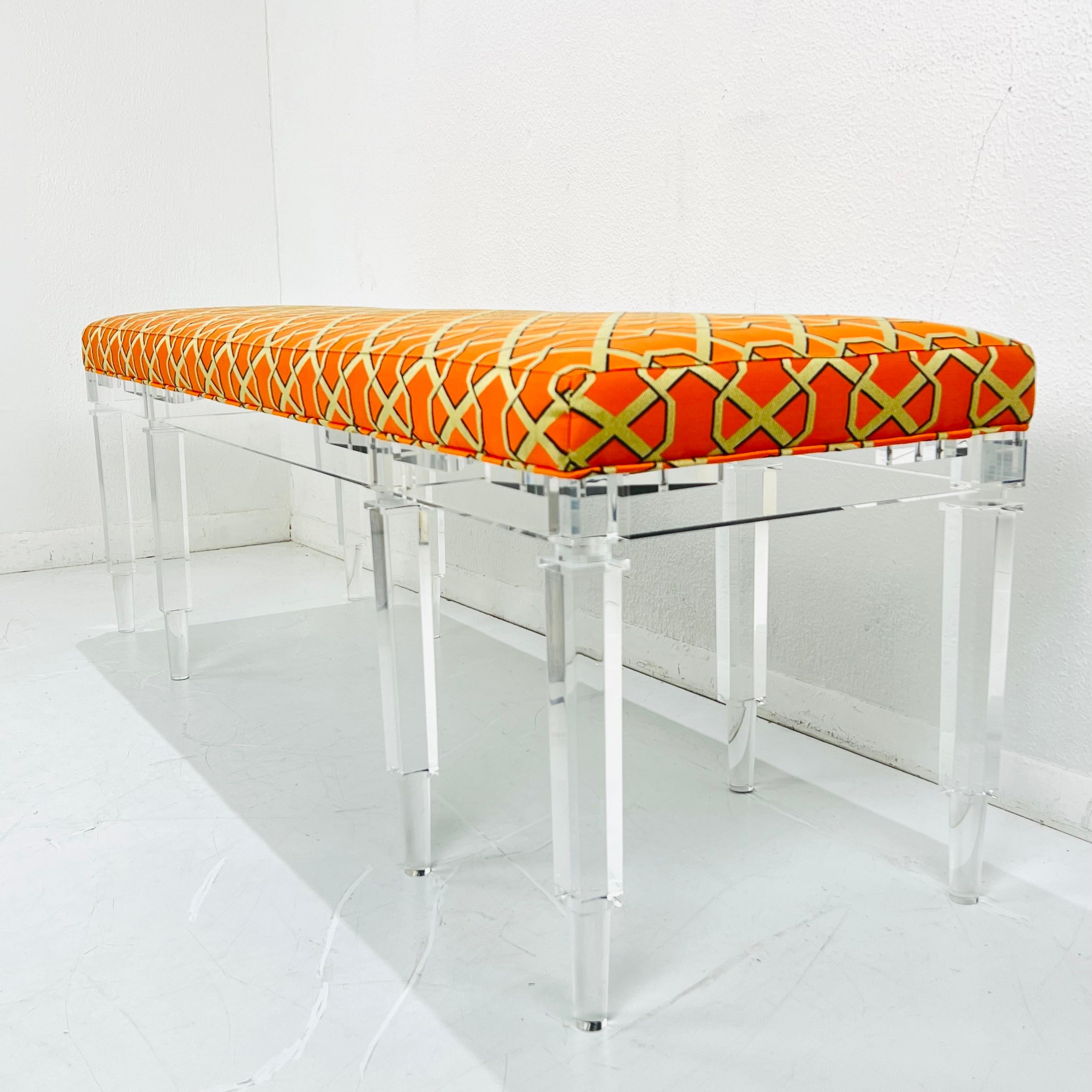 Lucite 8 Leg Bench Upholstered in Silk Jacquard Lelievre Fabric For Sale 1