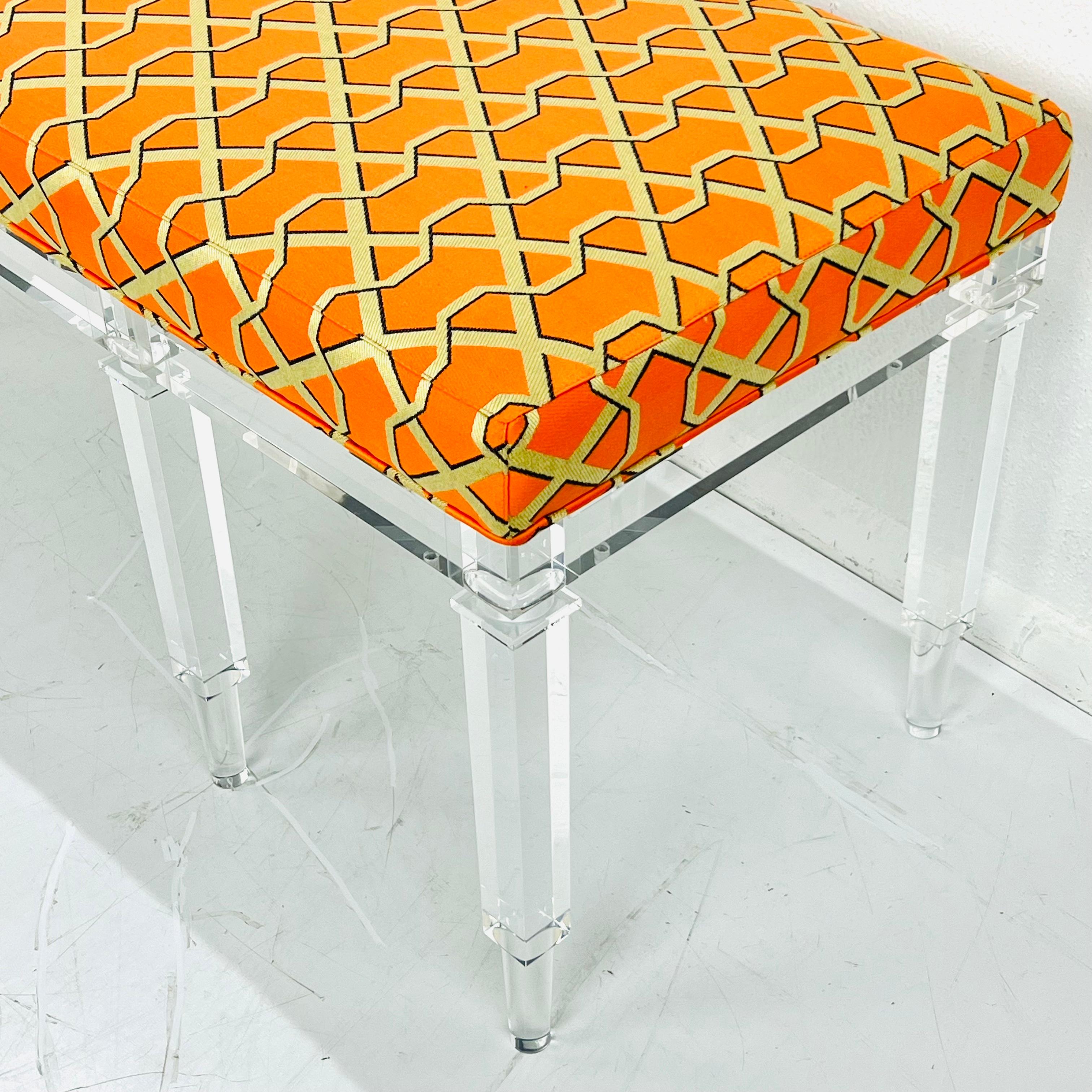 Lucite 8 Leg Bench Upholstered in Silk Jacquard Lelievre Fabric For Sale 2