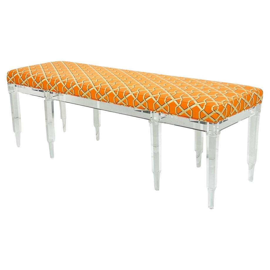 Lucite 8 Leg Bench Upholstered in Silk Jacquard Lelievre Fabric For Sale