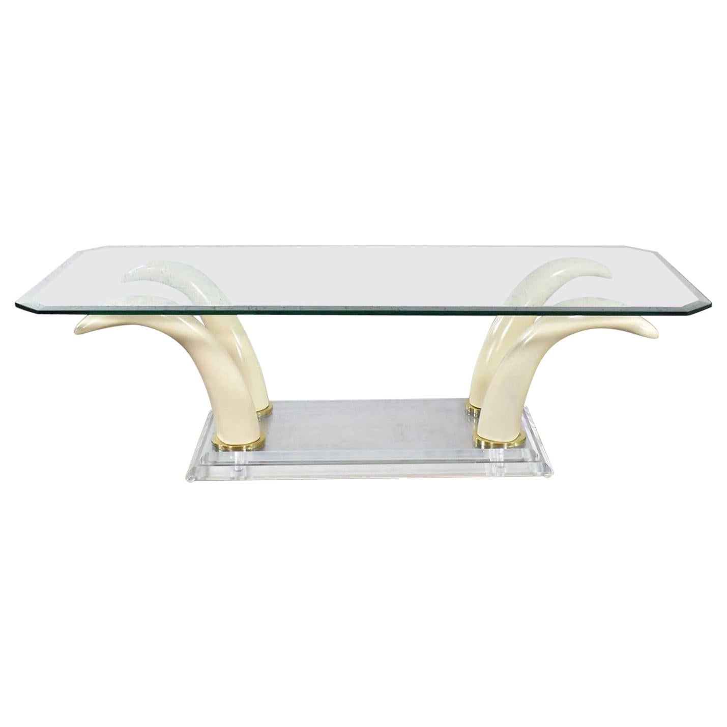 Lucite Acrylic and Glass Faux Tusk Coffee Cocktail Table after Maison Jansen