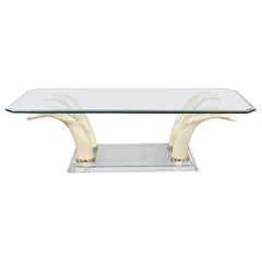 Lucite Acrylic and Glass Faux Tusk Coffee Cocktail Table after Maison Jansen