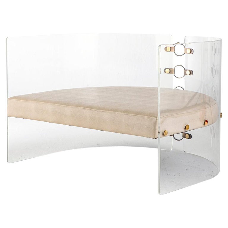 Lucite Acrylic, Brass Detailed and Leather Jetson Glamour Lounge Chair For Sale