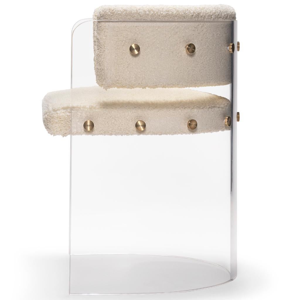 Modern Lucite Acrylic, Brass Detailed, Cream Boucle' Anhele Glamour Dining Chair For Sale