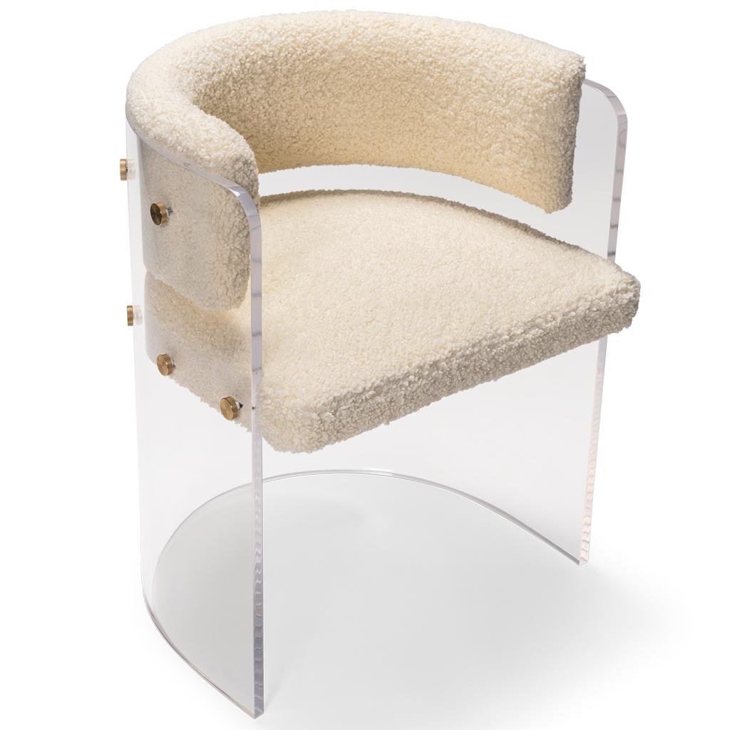 South African Lucite Acrylic, Brass Detailed, Cream Boucle' Anhele Glamour Dining Chair For Sale