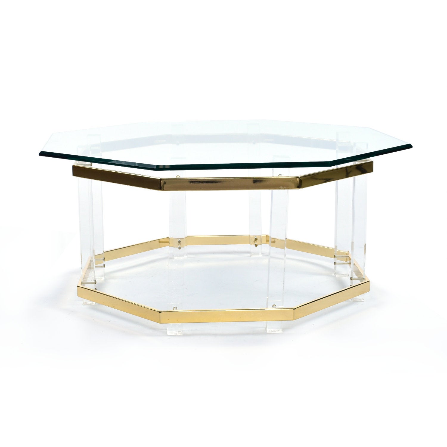 Mid-Century Modern Lucite Acrylic Glass and Brass Coffee Table 1970s Hollywood Regency