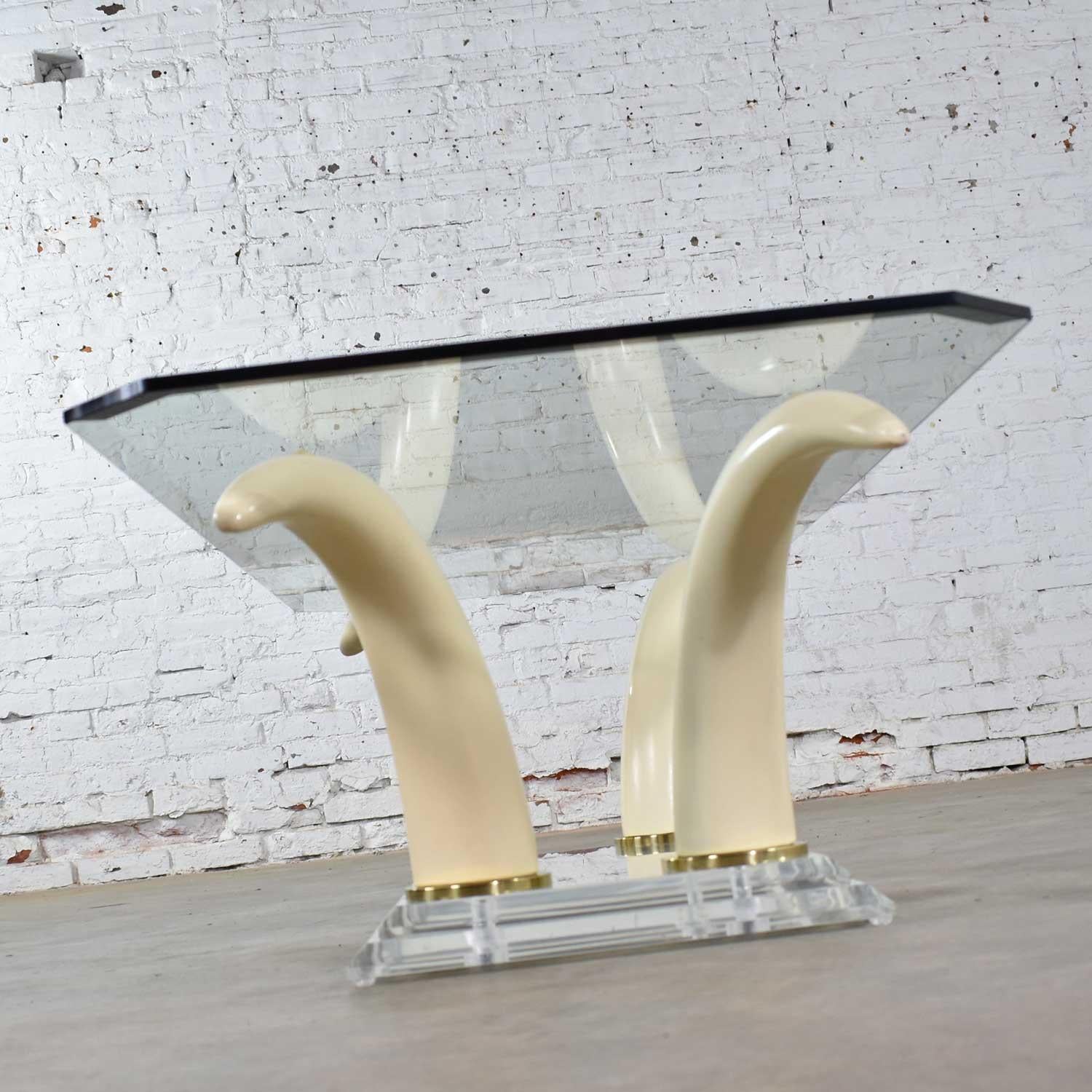 Lucite Acrylic and Glass Faux Tusk Coffee Cocktail Table after Maison Jansen 4