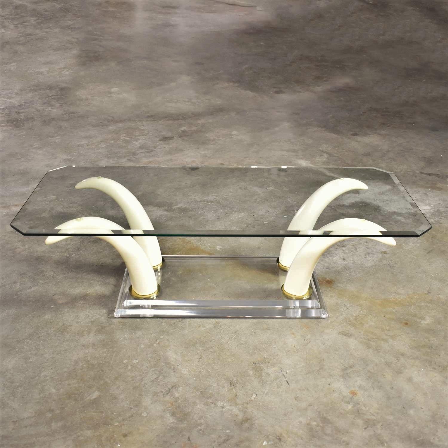 Hollywood Regency Lucite Acrylic and Glass Faux Tusk Coffee Cocktail Table after Maison Jansen
