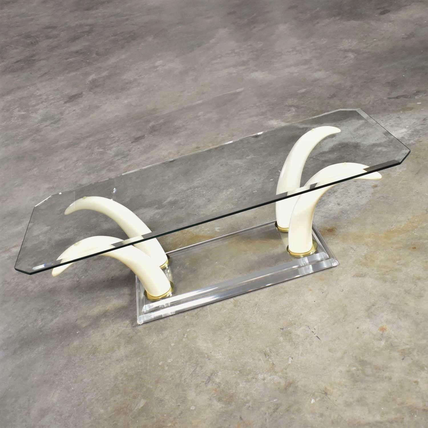 Lucite Acrylic and Glass Faux Tusk Coffee Cocktail Table after Maison Jansen In Good Condition In Topeka, KS