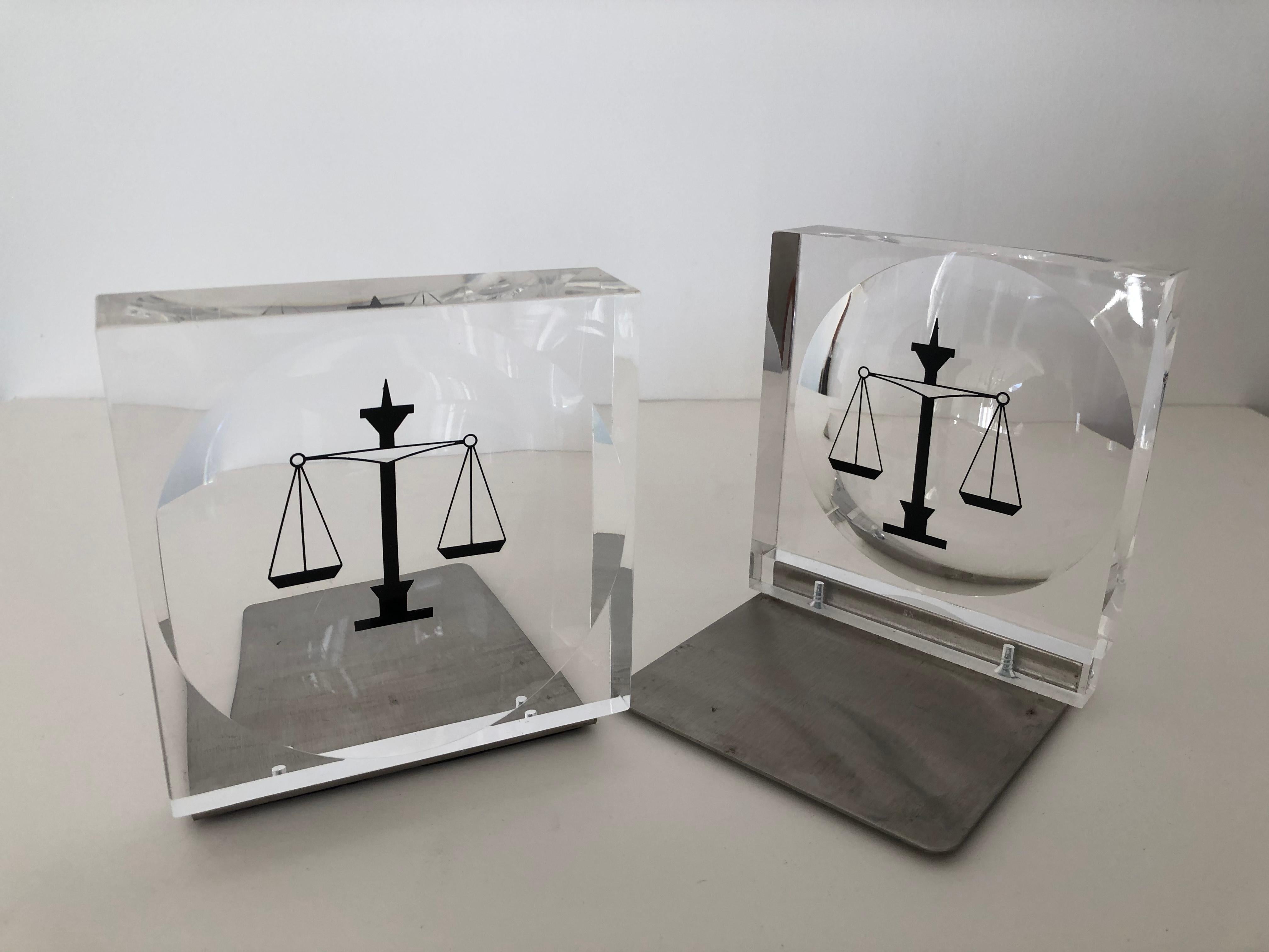Mid-Century Modern Lucite / Acrylic Law Enameled Scales of Justice Book Ends For Sale