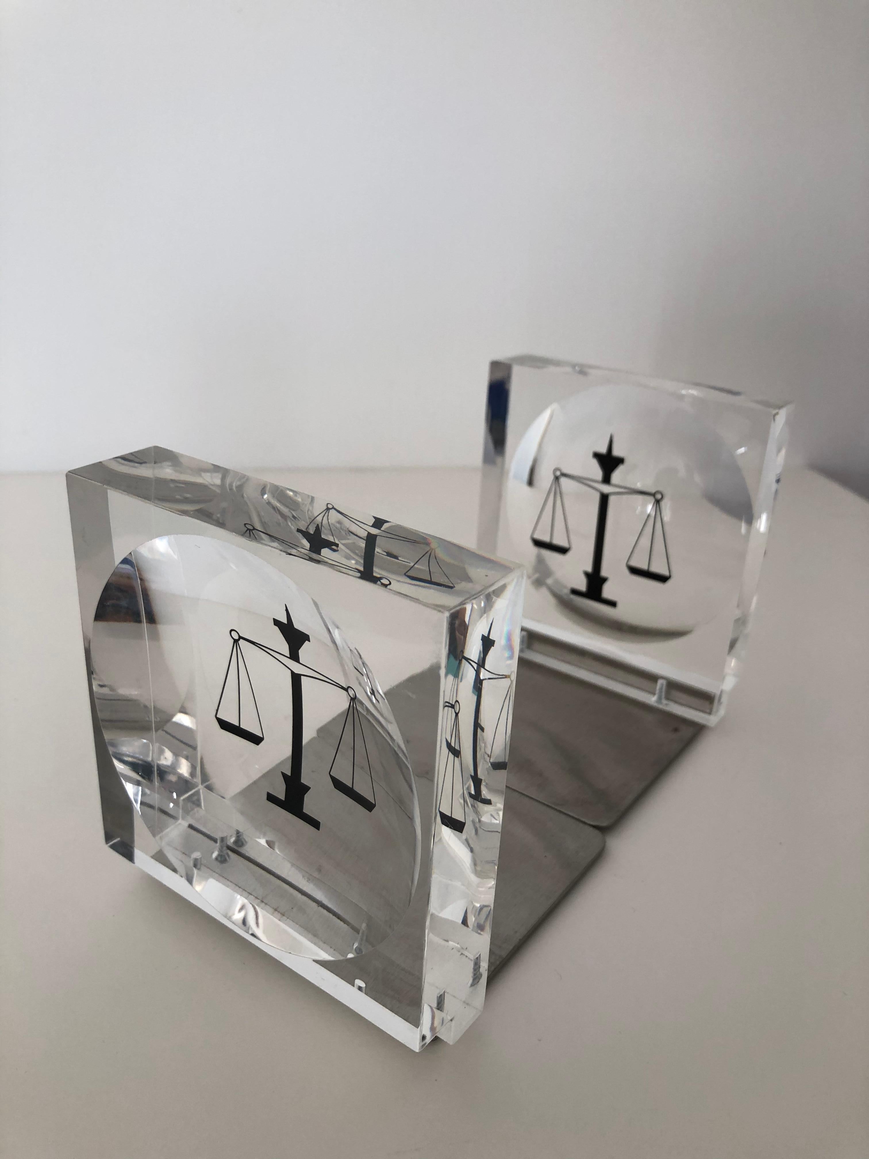 Lucite / Acrylic Law Enameled Scales of Justice Book Ends In Excellent Condition For Sale In Westport, CT