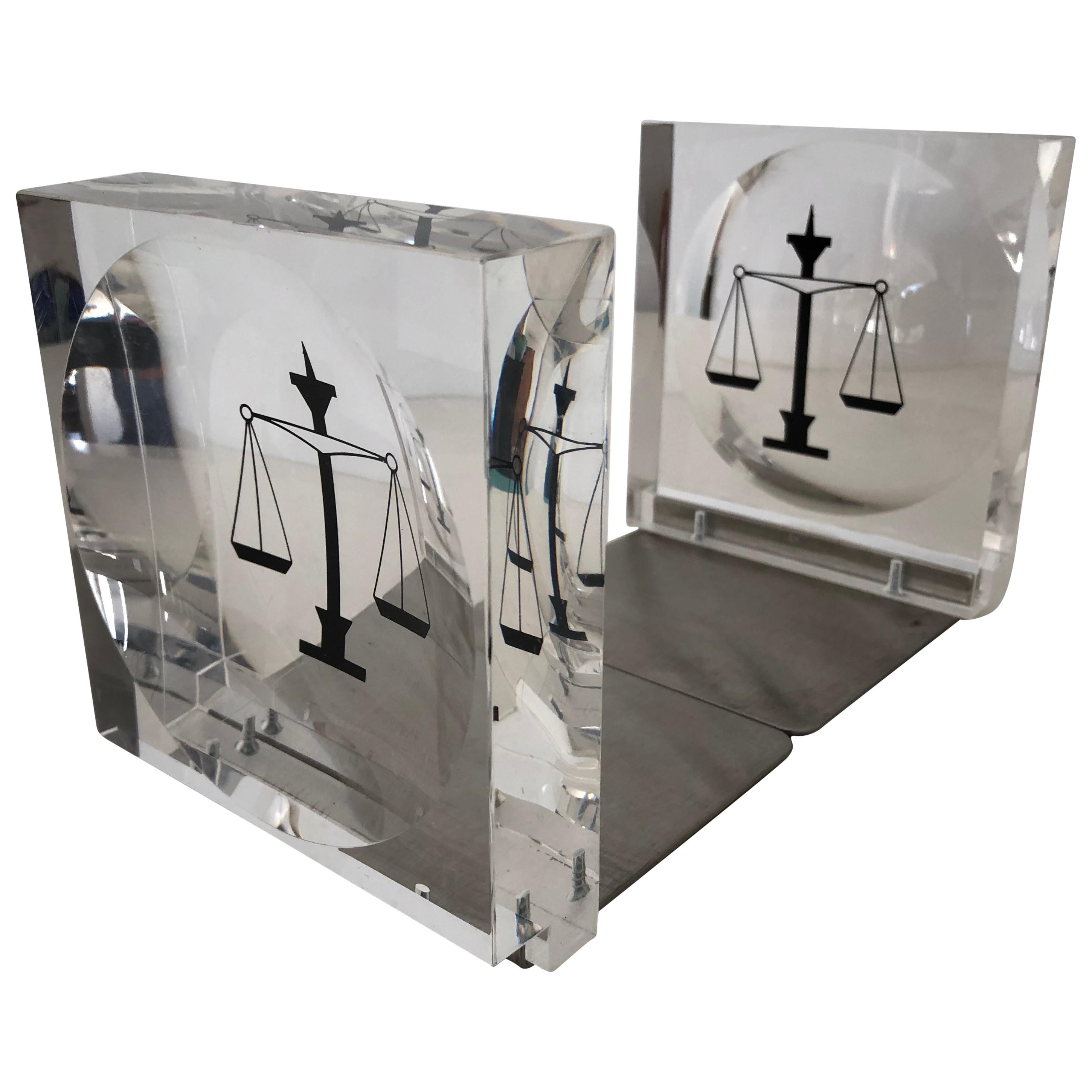 Lucite / Acrylic Law Enameled Scales of Justice Book Ends For Sale