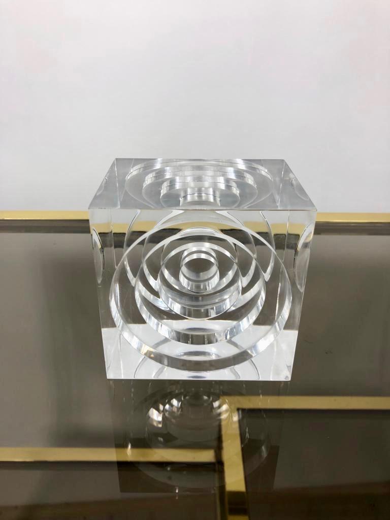 Resin Lucite Acrylic Square Sculpture by Team Guzzini, Italy, 1970s Spiral Geometry