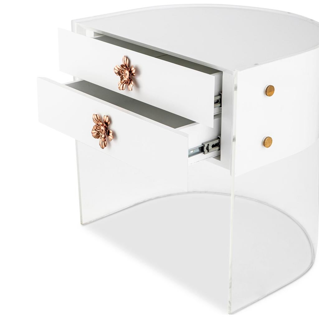 Modern Lucite Acrylic, White Chinese Lacquer & Copper Bedside Pedestal by Egg Designs For Sale
