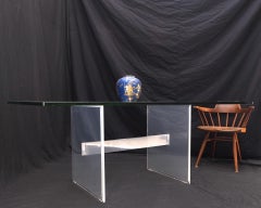 Lucite & Aluminum Base Rectangle Glass Top Dining Conference Table