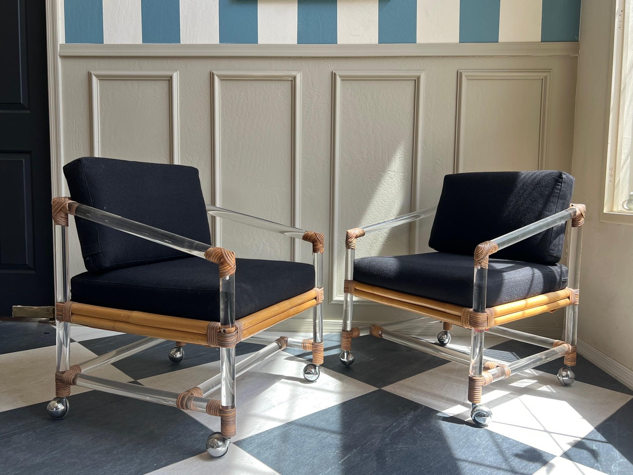 super cool pair of lucite bamboo cane chairs 
great vintage condition 
wear from age and use 
