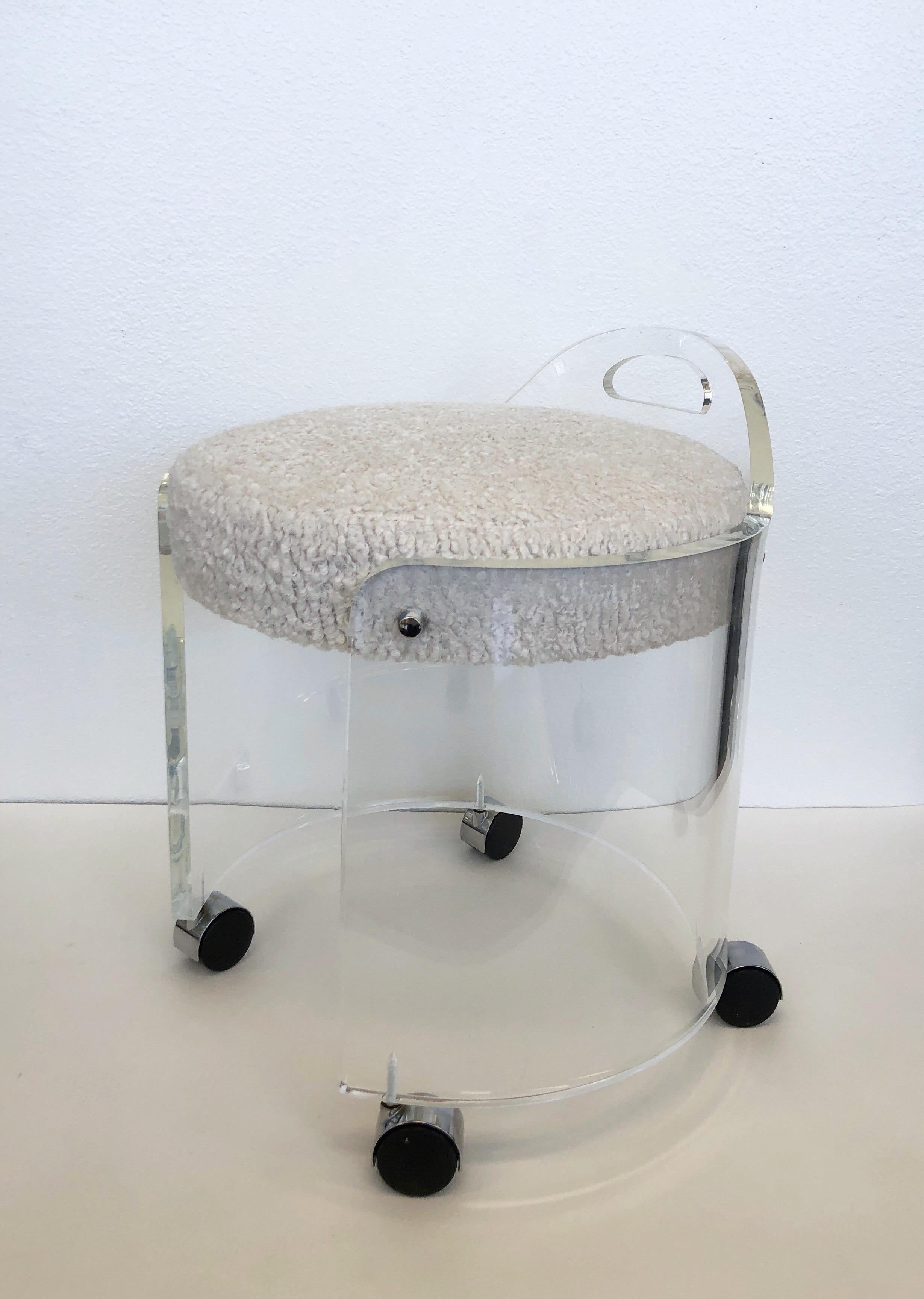 Polished Lucite and Boucle Vanity Stool by Hill Manufacturing