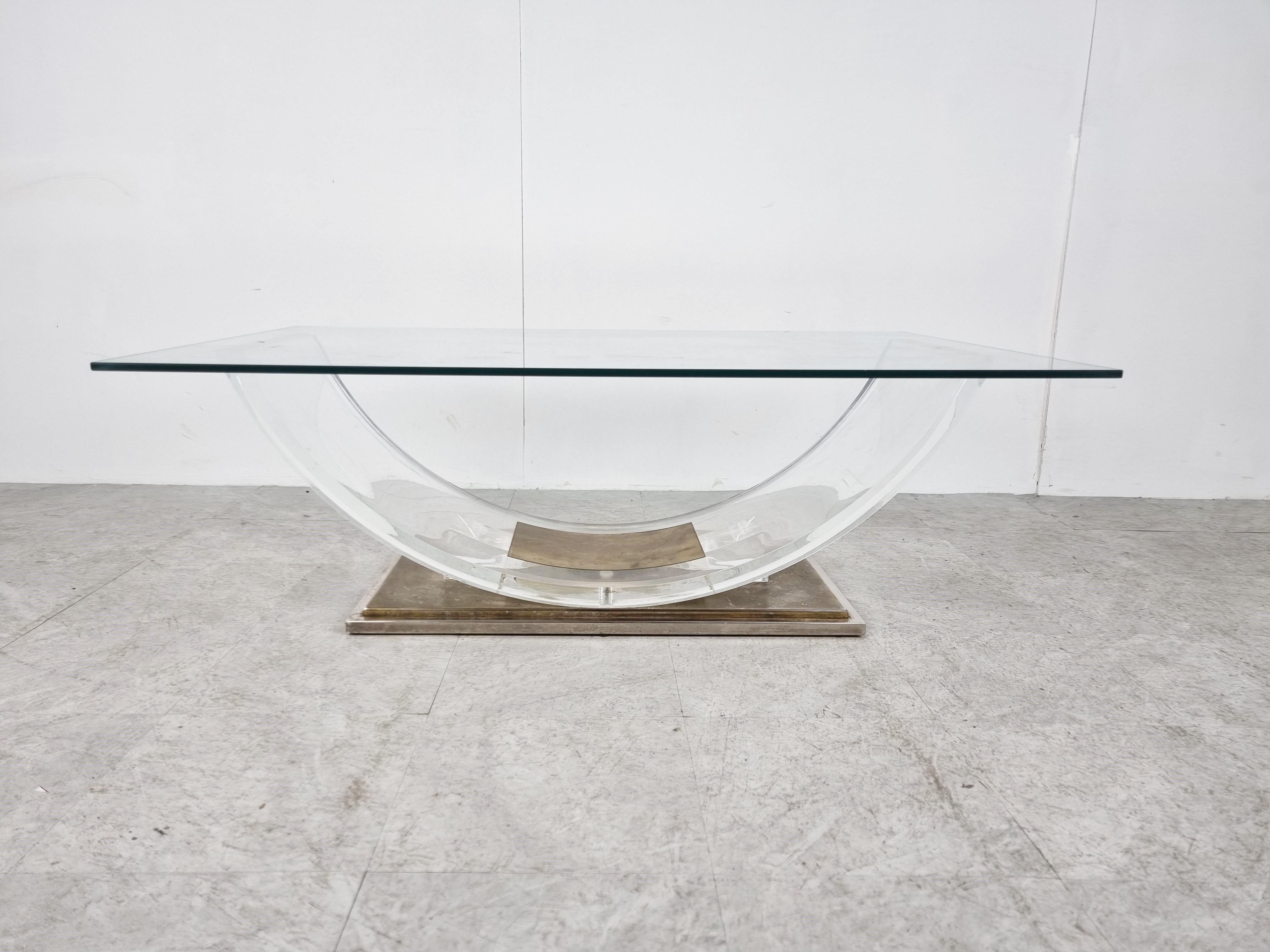 Belgian Lucite and brass arch coffee table, 1970 For Sale