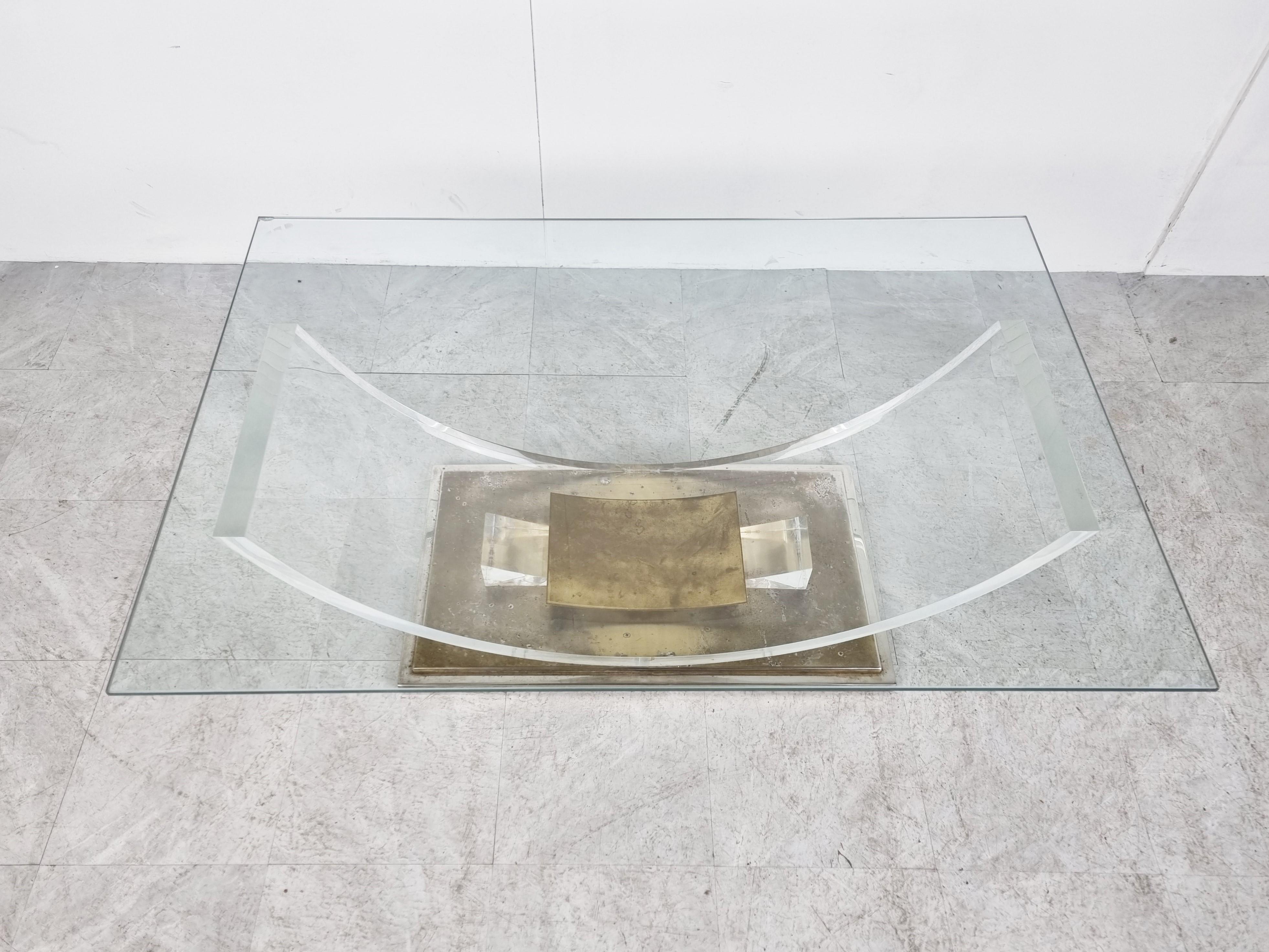 Brass Lucite and brass arch coffee table, 1970 For Sale