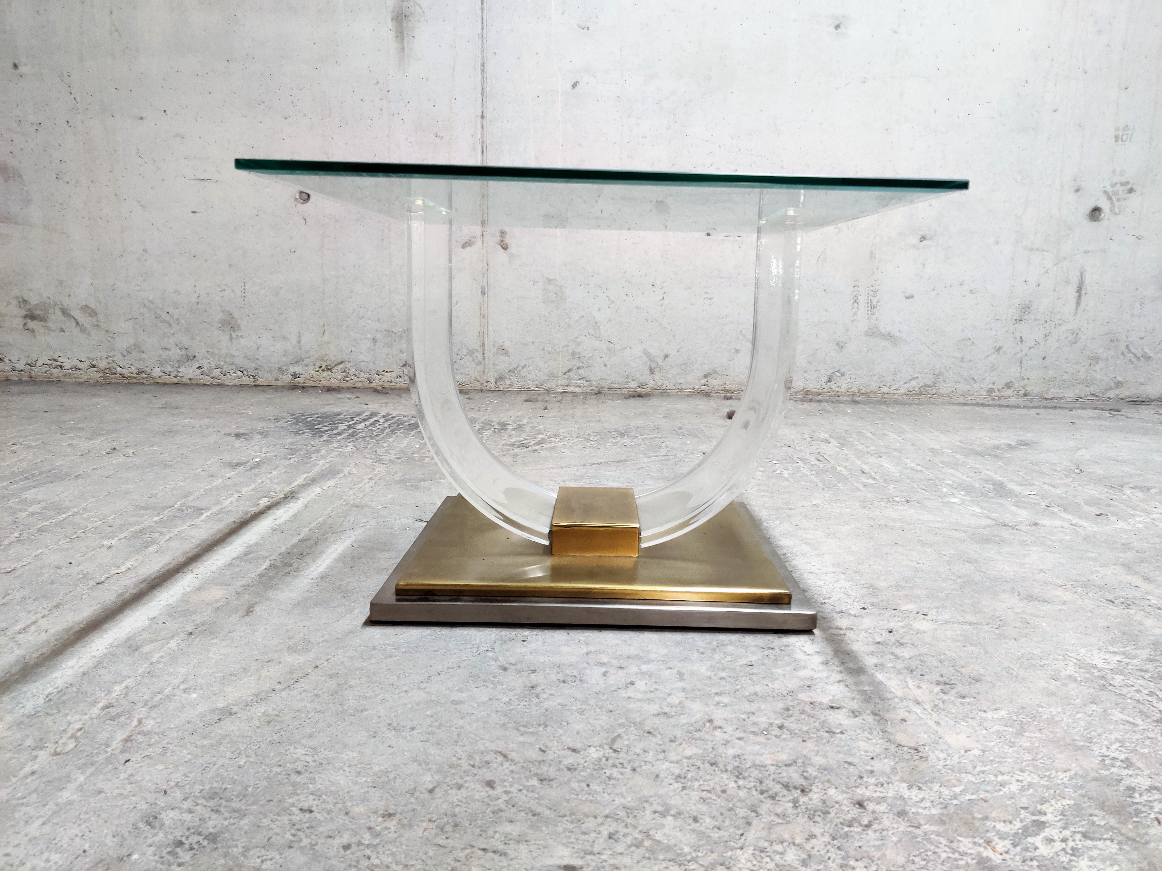 Hollywood Regency Lucite and Brass Arch Coffee Table, 1970s