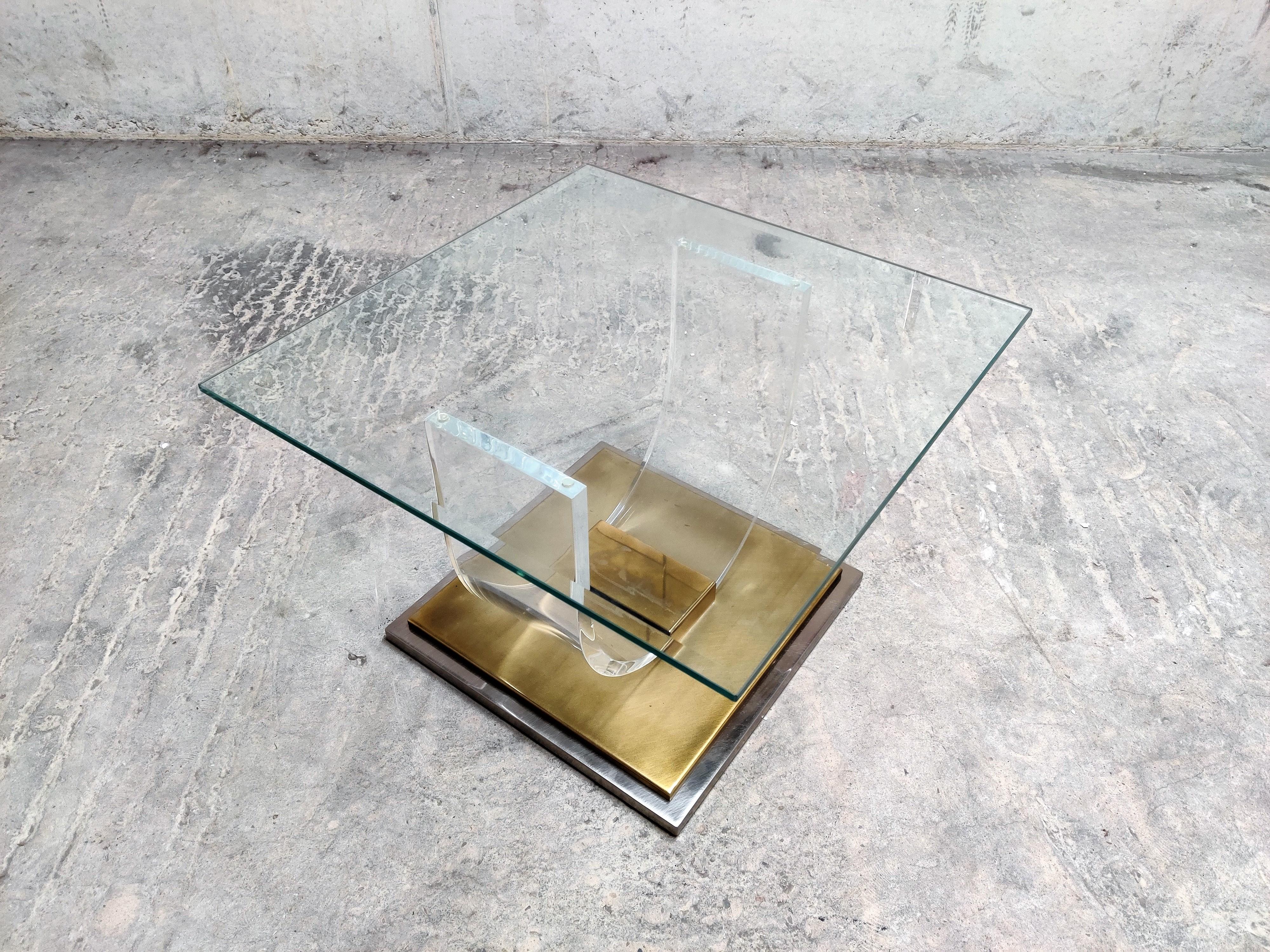 Belgian Lucite and Brass Arch Coffee Table, 1970s